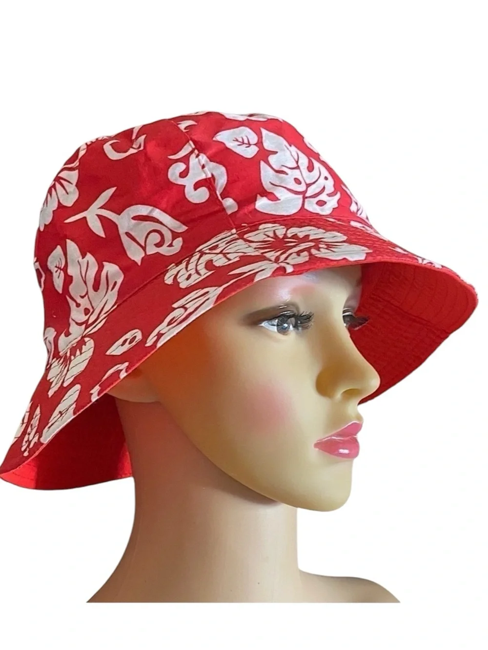 Printed Bucket Hat  Red & White All-Over Palm Leaves Bucket Hat OS NEW